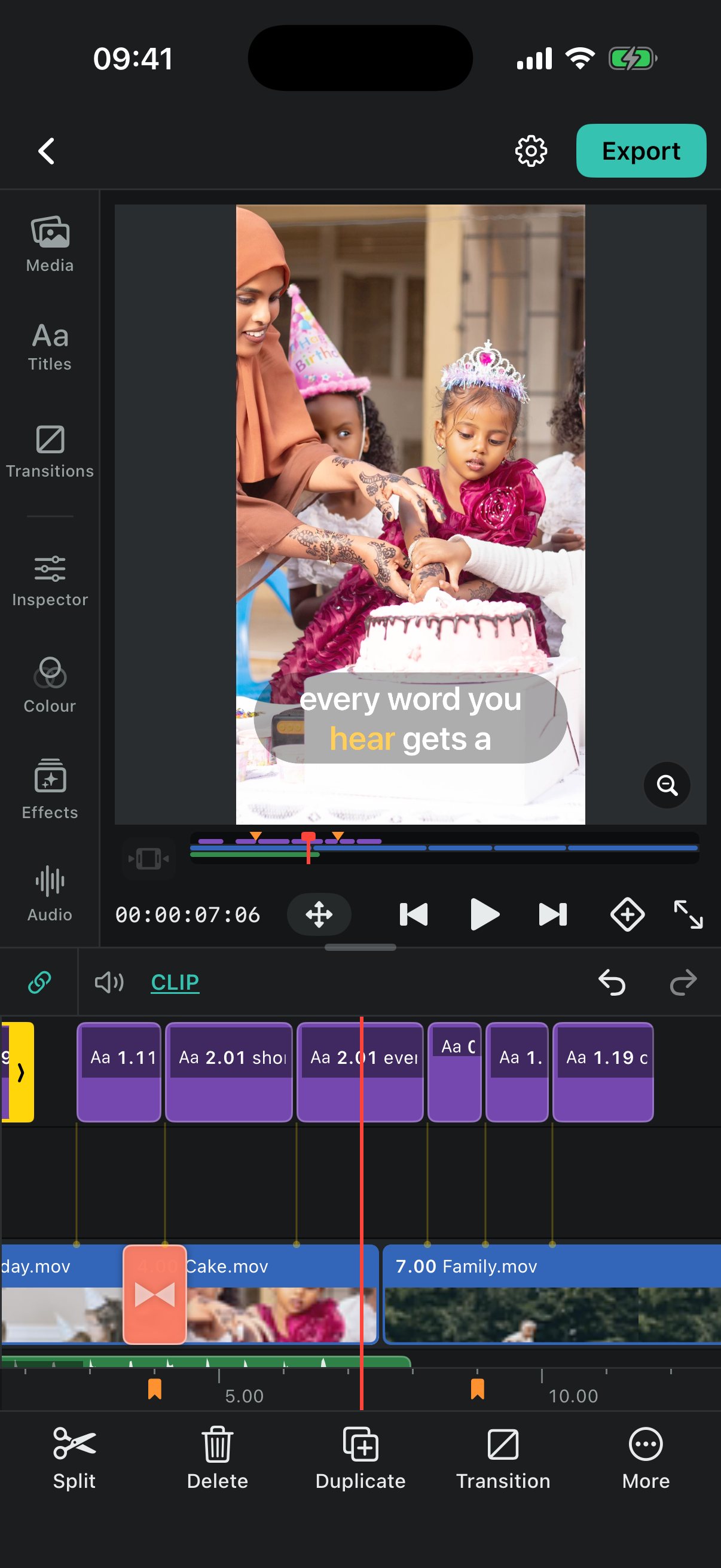 The same captions on iPhone, the word being said lit in gold.